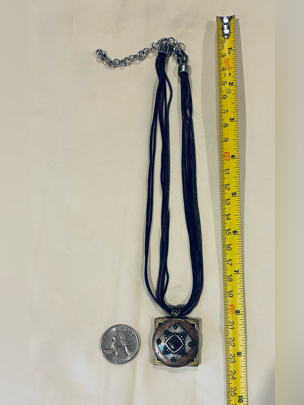 Chicos Black Cord & Chain Necklace w/ 3 Toned Geometric Brass Pendant